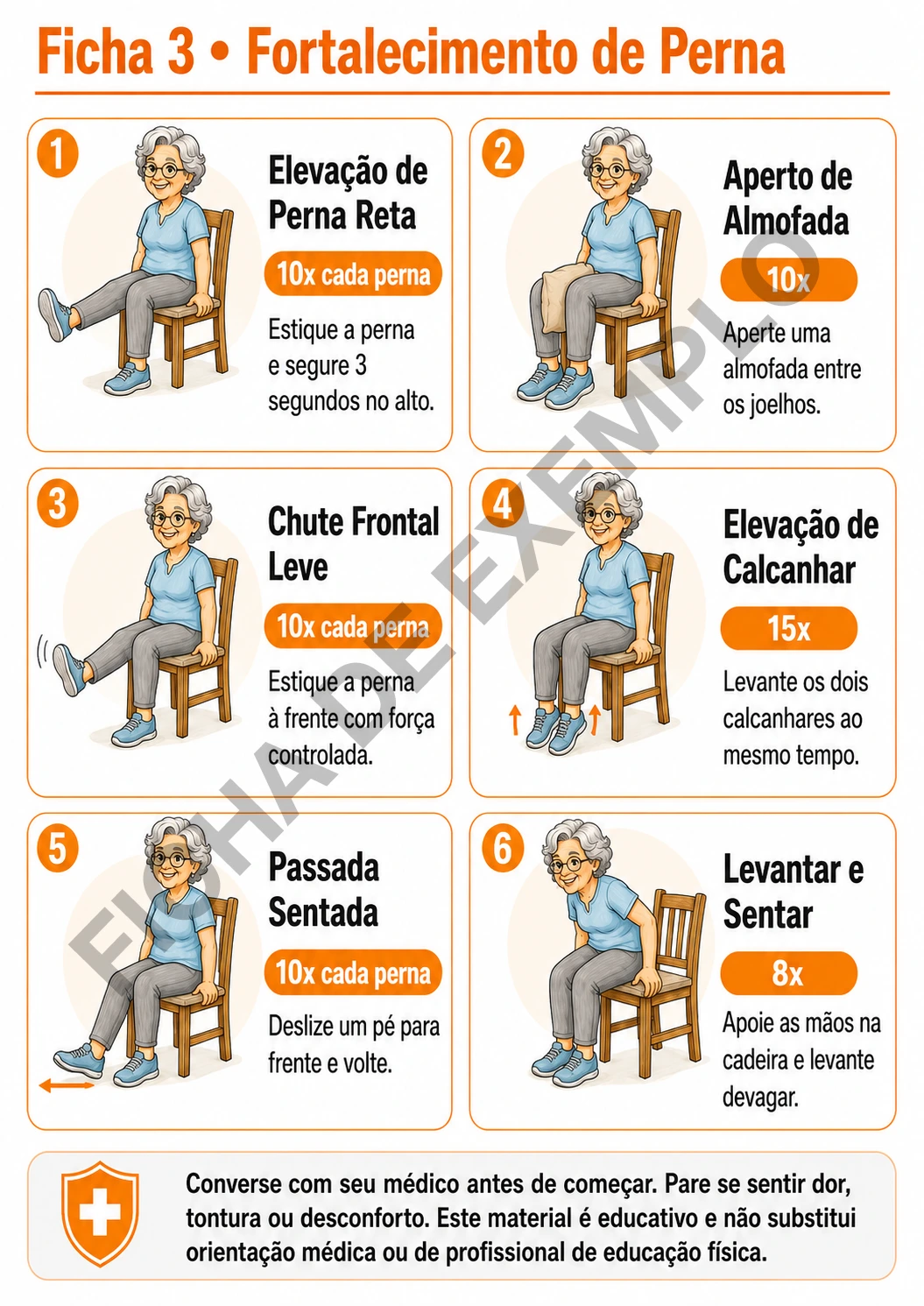 Página real do programa mostrando o exercício de fortalecimento de perna, com ilustração e número de repetições em letra grande